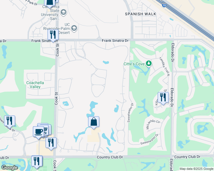 map of restaurants, bars, coffee shops, grocery stores, and more near 260 Vista Royale Circle East in Palm Desert