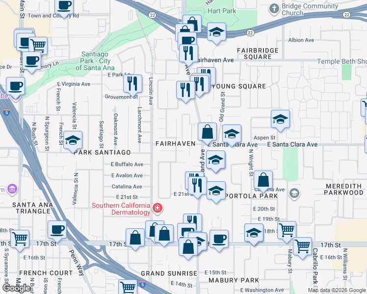 map of restaurants, bars, coffee shops, grocery stores, and more near in Santa Ana