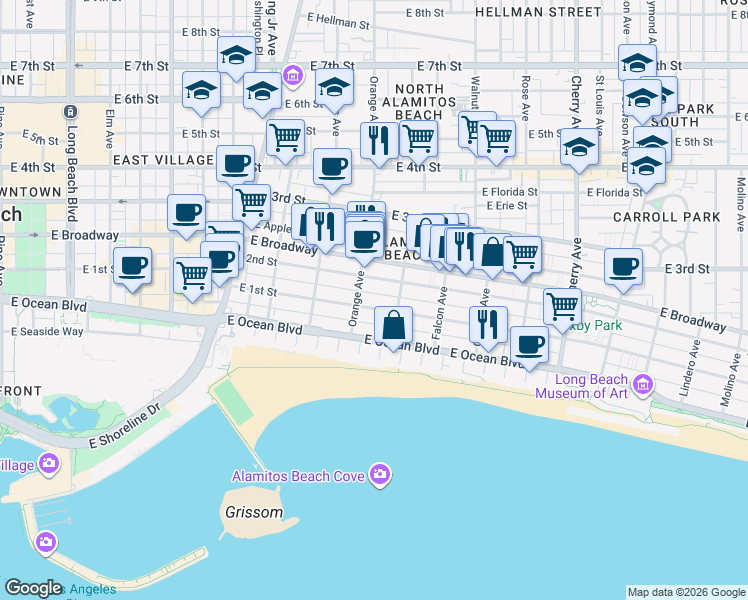 map of restaurants, bars, coffee shops, grocery stores, and more near 1227 East 1st Street in Long Beach