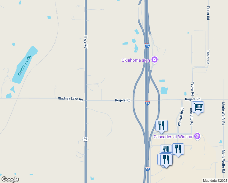 map of restaurants, bars, coffee shops, grocery stores, and more near 11776 Rogers Road in Thackerville