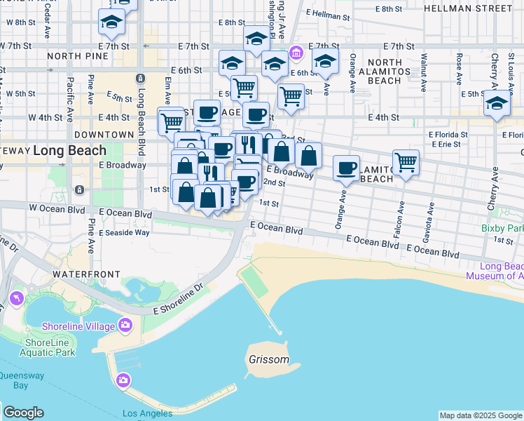 map of restaurants, bars, coffee shops, grocery stores, and more near 35 North Alboni Place in Long Beach