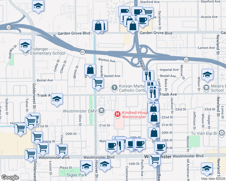 map of restaurants, bars, coffee shops, grocery stores, and more near 13514 Trask Avenue in Westminster