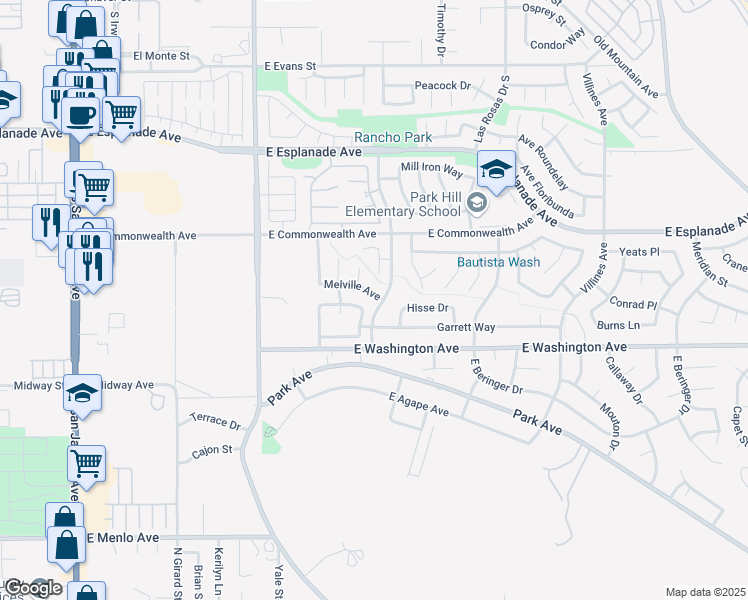 map of restaurants, bars, coffee shops, grocery stores, and more near 882 Melville Avenue in San Jacinto