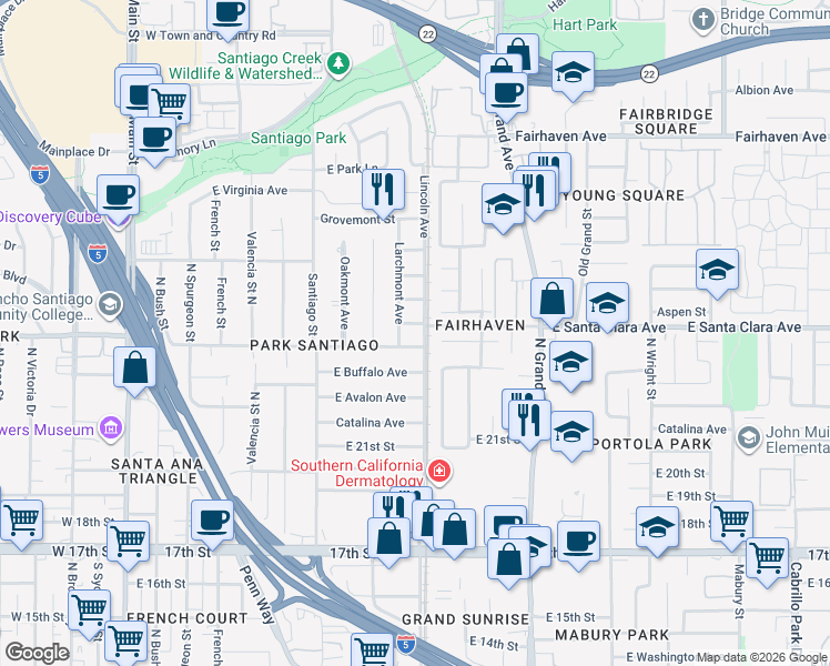 map of restaurants, bars, coffee shops, grocery stores, and more near 1010 East Santa Clara Avenue in Santa Ana