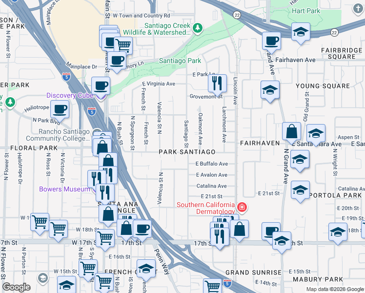 map of restaurants, bars, coffee shops, grocery stores, and more near in Santa Ana