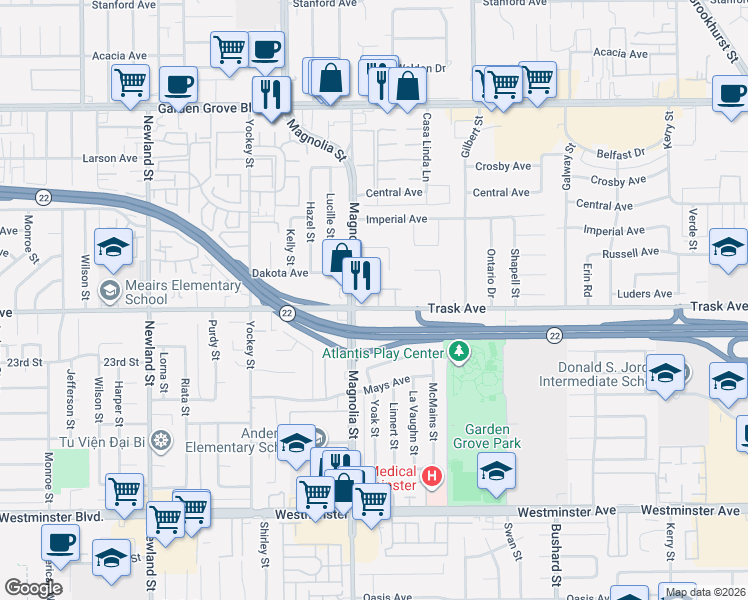 map of restaurants, bars, coffee shops, grocery stores, and more near in Garden Grove