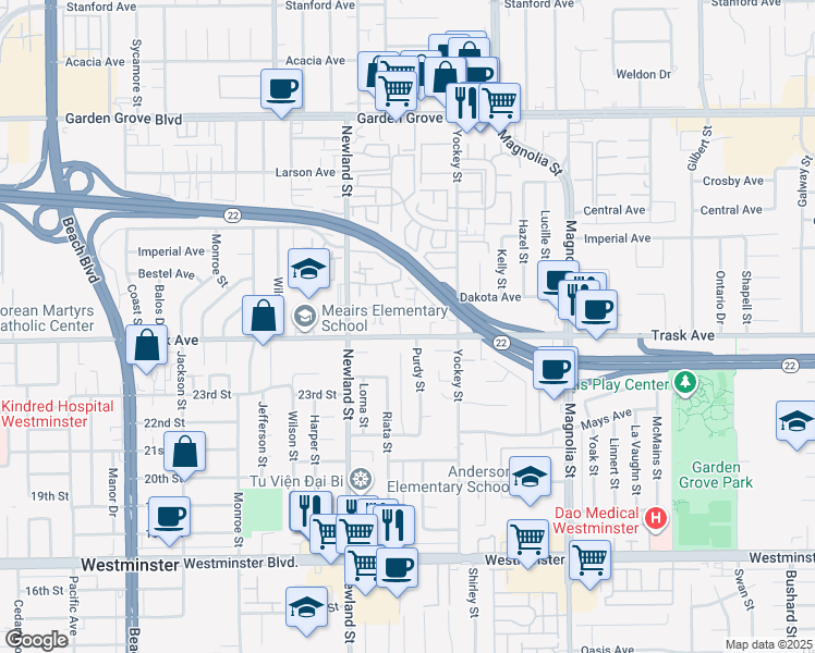 map of restaurants, bars, coffee shops, grocery stores, and more near 8601 Trask Avenue in Garden Grove