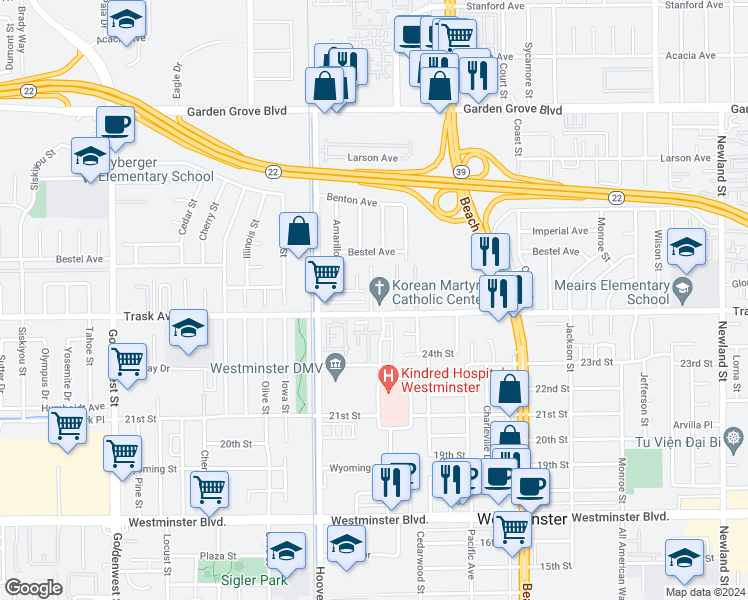 map of restaurants, bars, coffee shops, grocery stores, and more near 13514 Trask Avenue in Westminster