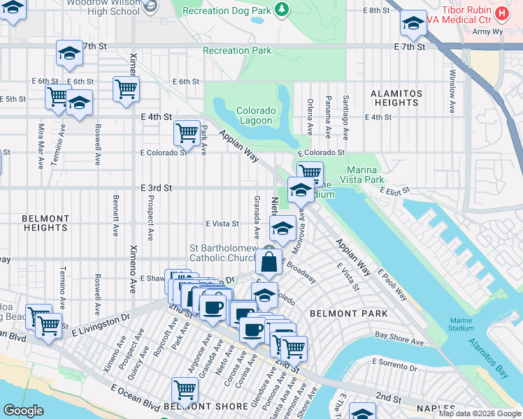 map of restaurants, bars, coffee shops, grocery stores, and more near 5041 East Vista Street in Long Beach