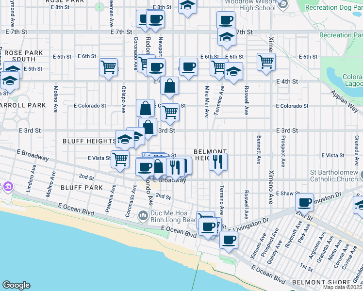 map of restaurants, bars, coffee shops, grocery stores, and more near 252 Euclid Avenue in Long Beach