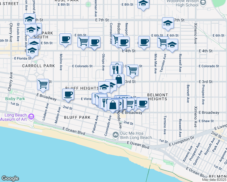map of restaurants, bars, coffee shops, grocery stores, and more near 252 Coronado Avenue in Long Beach