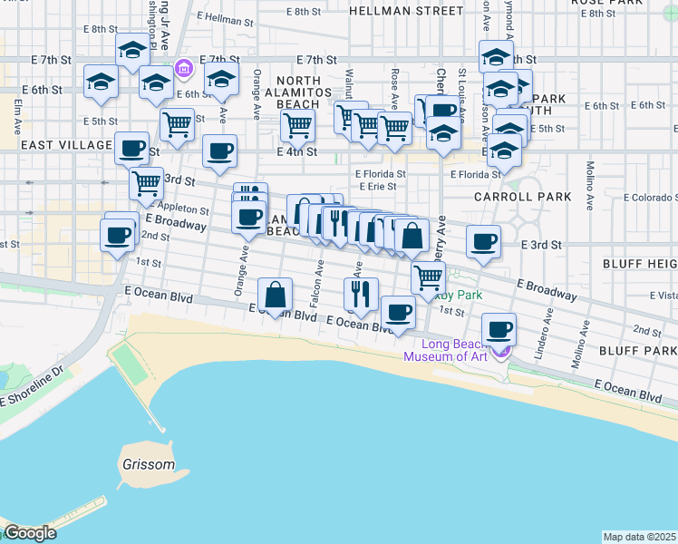 map of restaurants, bars, coffee shops, grocery stores, and more near 1521 East 1st Street in Long Beach
