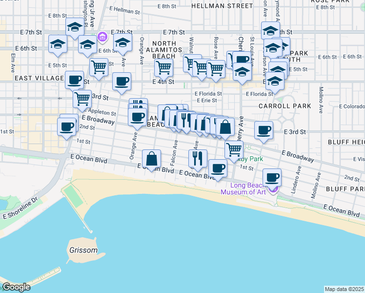 map of restaurants, bars, coffee shops, grocery stores, and more near 1521 East 1st Street in Long Beach