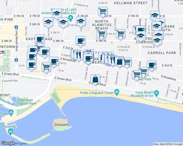 map of restaurants, bars, coffee shops, grocery stores, and more near 1250 East 1st Street in Long Beach