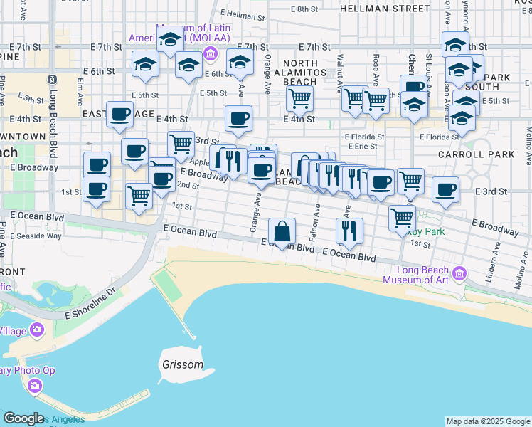 map of restaurants, bars, coffee shops, grocery stores, and more near 1250 East 1st Street in Long Beach