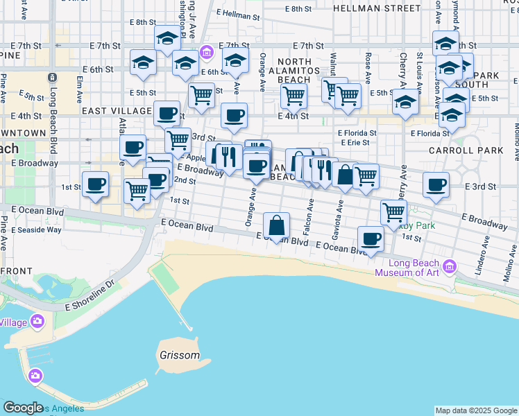 map of restaurants, bars, coffee shops, grocery stores, and more near 1250 East 1st Street in Long Beach