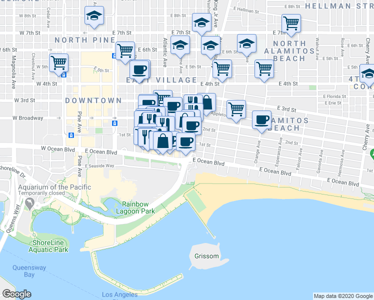 map of restaurants, bars, coffee shops, grocery stores, and more near in Long Beach