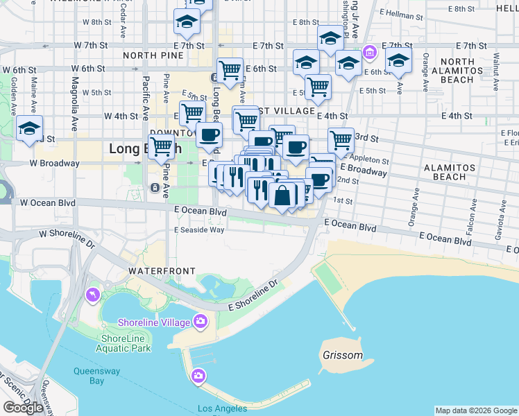 map of restaurants, bars, coffee shops, grocery stores, and more near 455 East Ocean Boulevard in Long Beach