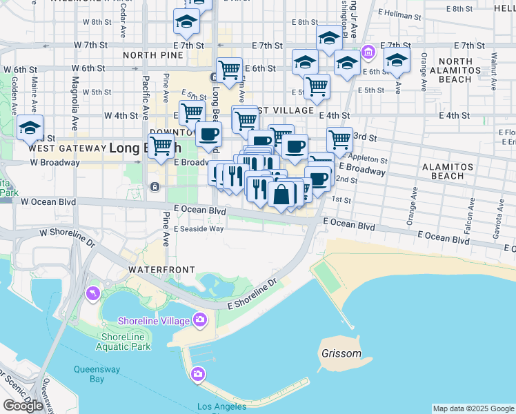 map of restaurants, bars, coffee shops, grocery stores, and more near 555 East Ocean Boulevard in Long Beach