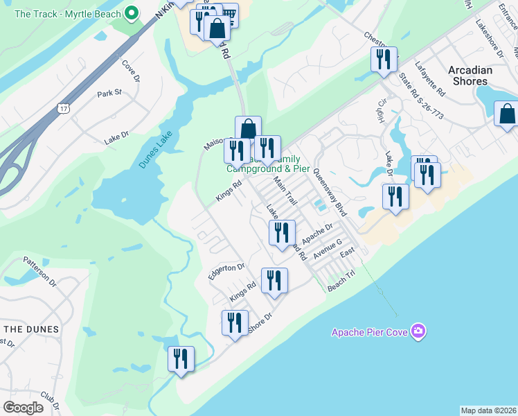 map of restaurants, bars, coffee shops, grocery stores, and more near 268 Arcadian Dunes in Myrtle Beach