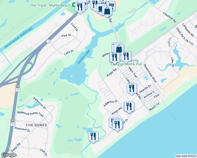 map of restaurants, bars, coffee shops, grocery stores, and more near 9570 Kings Road Extension in Myrtle Beach