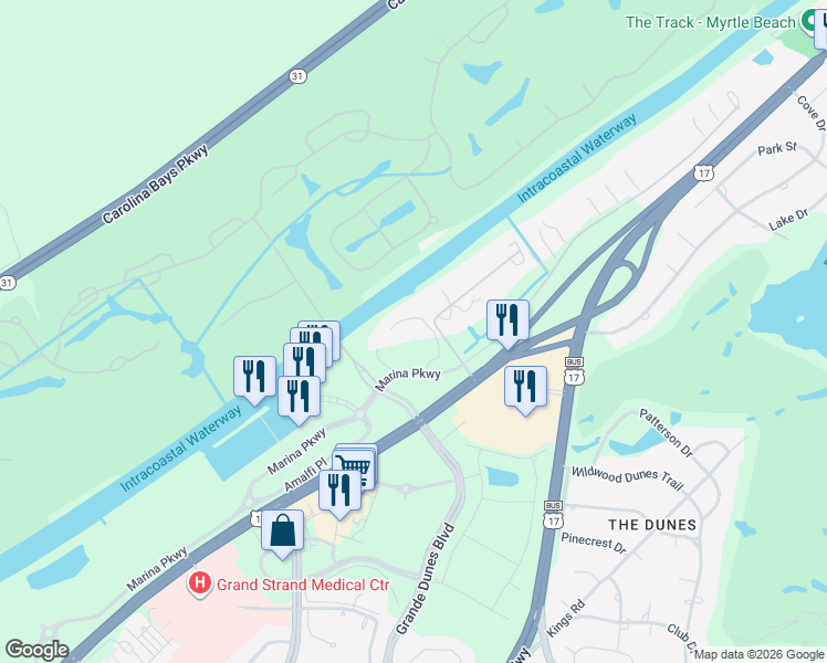 map of restaurants, bars, coffee shops, grocery stores, and more near 1307 Villa Marbella Court in Myrtle Beach
