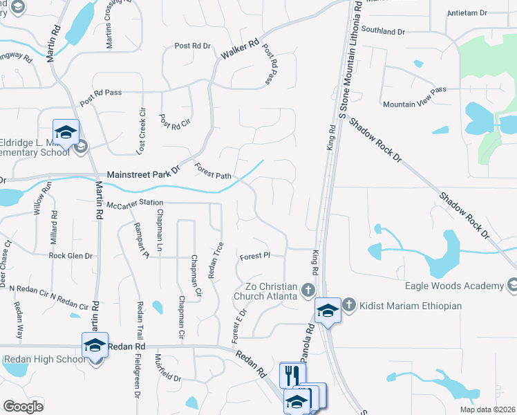 map of restaurants, bars, coffee shops, grocery stores, and more near 935 Forest Path in Stone Mountain