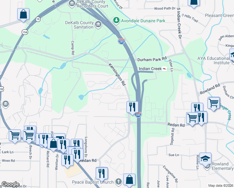map of restaurants, bars, coffee shops, grocery stores, and more near 3812 Kensingwood Trace in Decatur