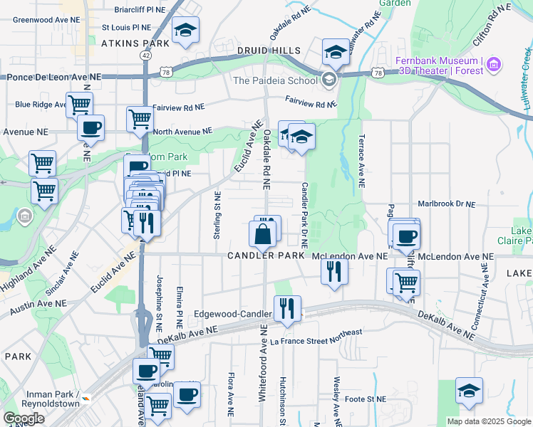 map of restaurants, bars, coffee shops, grocery stores, and more near 442 Oakdale Road Northeast in Atlanta