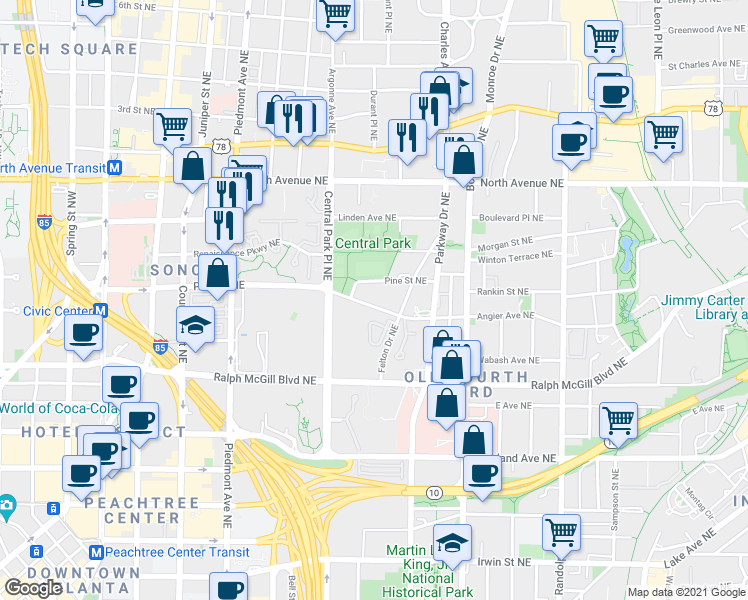 map of restaurants, bars, coffee shops, grocery stores, and more near 339 Angier Avenue Northeast in Atlanta