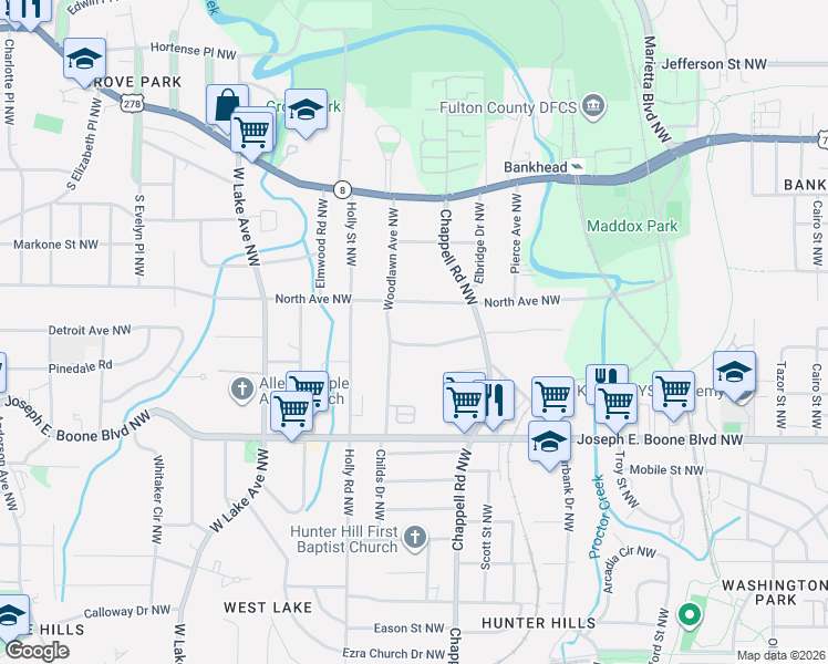 map of restaurants, bars, coffee shops, grocery stores, and more near 1451 Kennesaw Drive Northwest in Atlanta