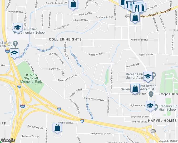 map of restaurants, bars, coffee shops, grocery stores, and more near 2848 Baker Ridge Drive Northwest in Atlanta