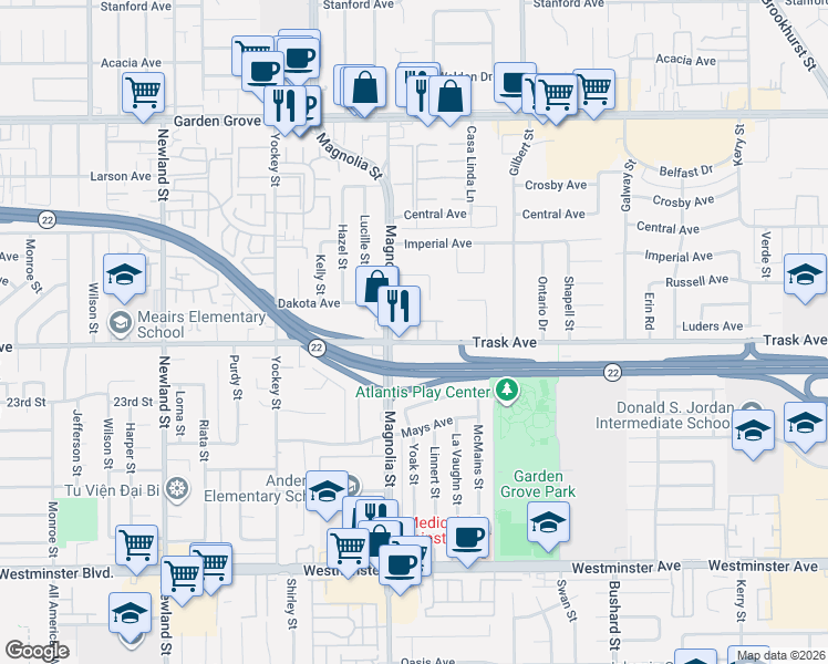 map of restaurants, bars, coffee shops, grocery stores, and more near in Garden Grove