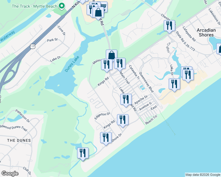 map of restaurants, bars, coffee shops, grocery stores, and more near 268 Arcadian Dunes in Myrtle Beach