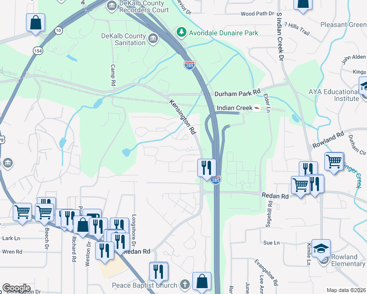 map of restaurants, bars, coffee shops, grocery stores, and more near 3812 Kensingwood Trace in Decatur