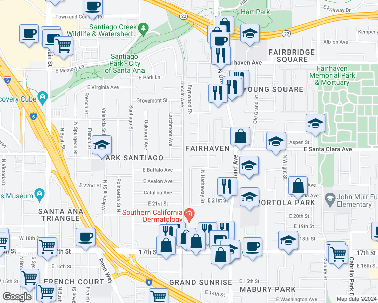 map of restaurants, bars, coffee shops, grocery stores, and more near 1105 East Buffalo Avenue in Santa Ana