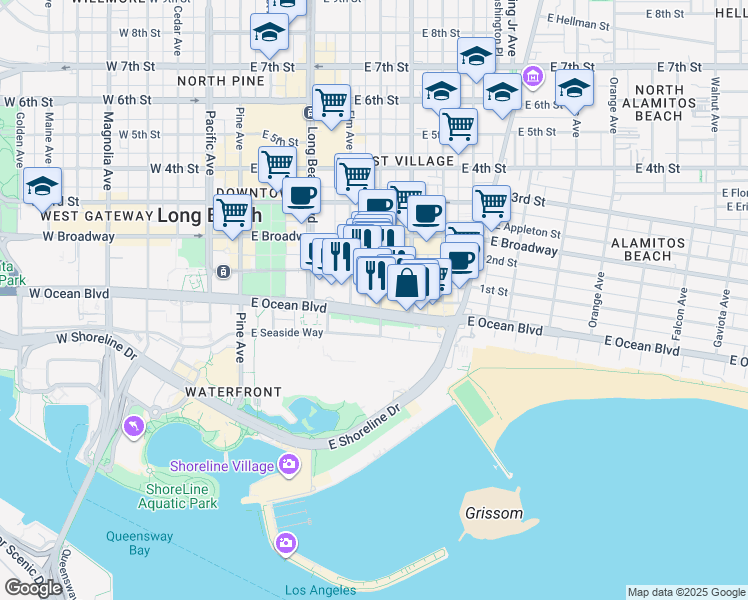 map of restaurants, bars, coffee shops, grocery stores, and more near 455 East Ocean Boulevard in Long Beach