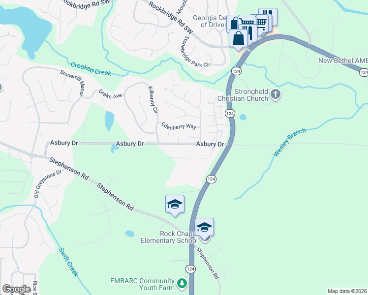 map of restaurants, bars, coffee shops, grocery stores, and more near 7501 Asbury Manor Drive in Lithonia