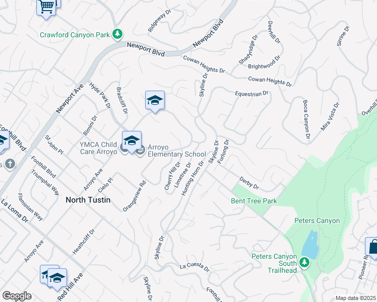 map of restaurants, bars, coffee shops, grocery stores, and more near 11001 Limetree Drive in Santa Ana