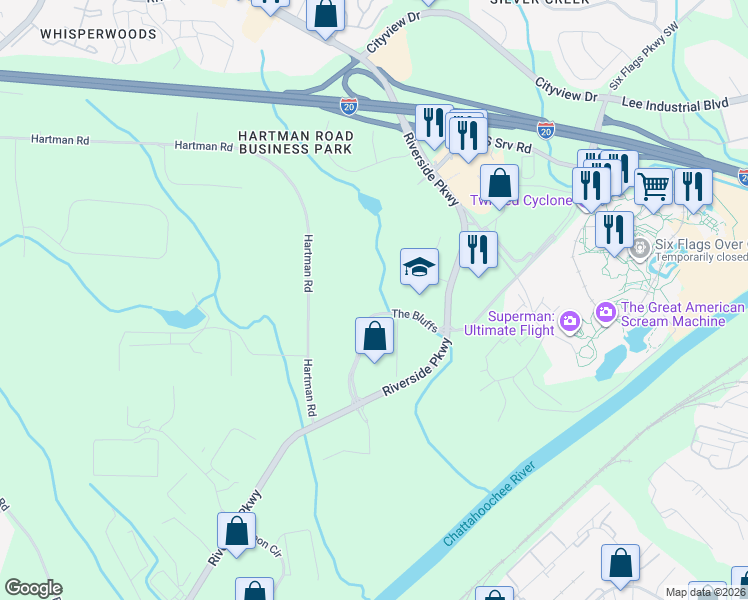 map of restaurants, bars, coffee shops, grocery stores, and more near 7730 The Bluffs in Austell