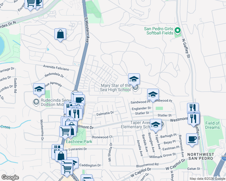 map of restaurants, bars, coffee shops, grocery stores, and more near 1450 Sea Lane in Los Angeles