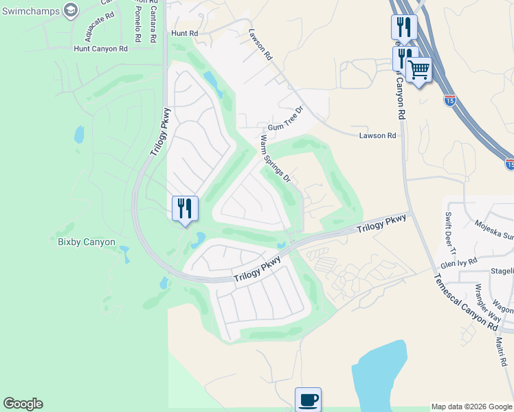map of restaurants, bars, coffee shops, grocery stores, and more near 24273 Owl Court in Corona