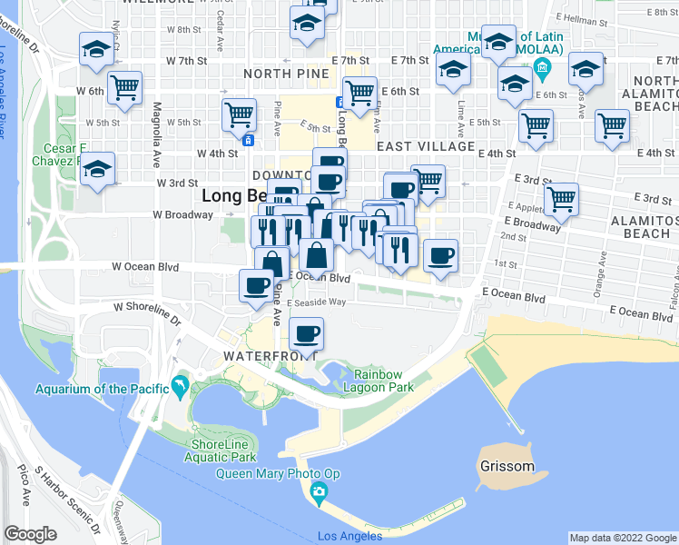 map of restaurants, bars, coffee shops, grocery stores, and more near 3 Long Beach Blvd in Long Beach