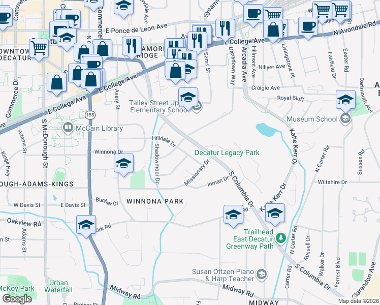 map of restaurants, bars, coffee shops, grocery stores, and more near 428 Hilldale Drive in Decatur