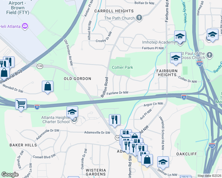 map of restaurants, bars, coffee shops, grocery stores, and more near 3691 Fairlane Drive Northwest in Atlanta