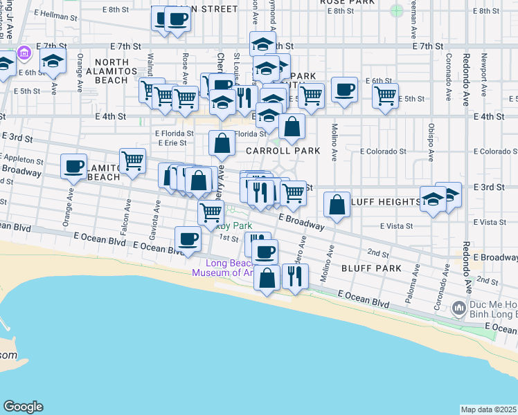 map of restaurants, bars, coffee shops, grocery stores, and more near 2117 2nd Street in Long Beach