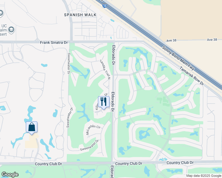 map of restaurants, bars, coffee shops, grocery stores, and more near 38780 Tandika Trail North in Palm Desert