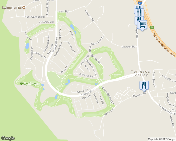 map of restaurants, bars, coffee shops, grocery stores, and more near 24273 Owl Court in Corona