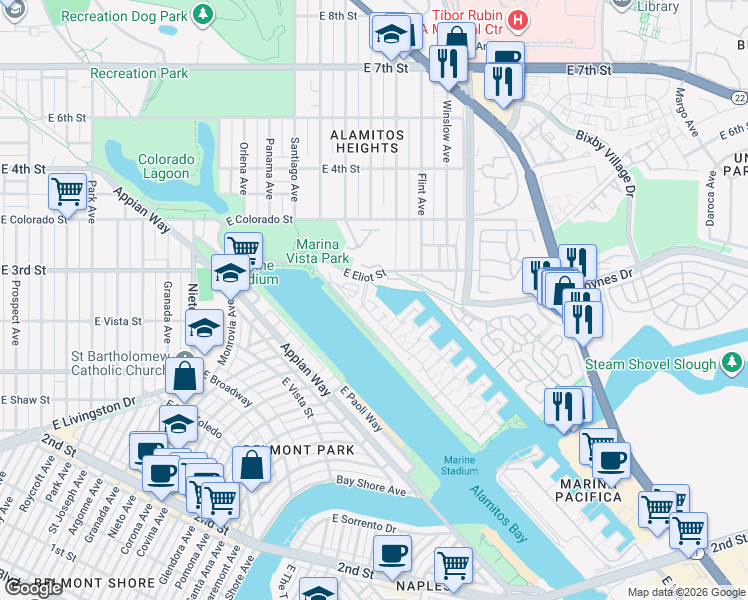 map of restaurants, bars, coffee shops, grocery stores, and more near 5517 China Point in Long Beach