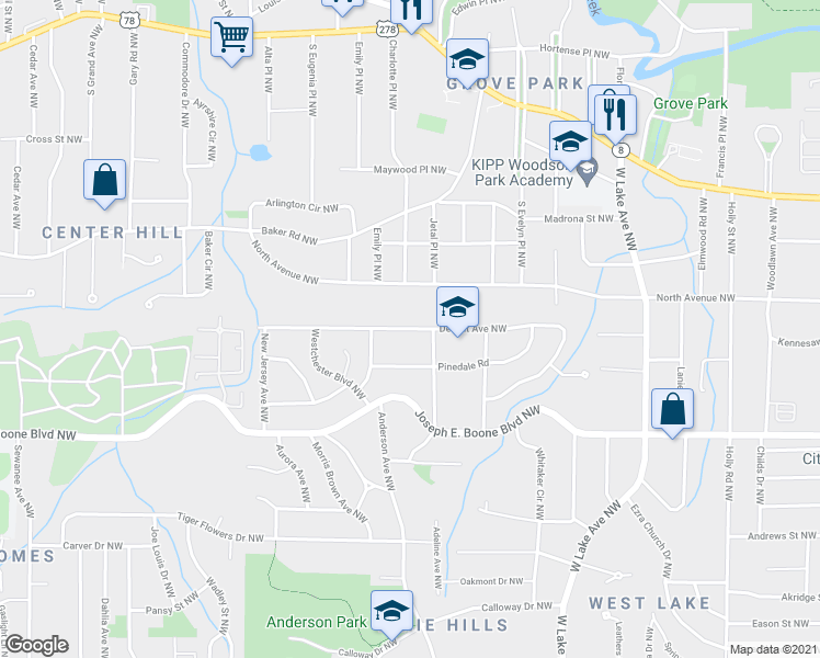 map of restaurants, bars, coffee shops, grocery stores, and more near Detroit Avenue Northwest in Atlanta